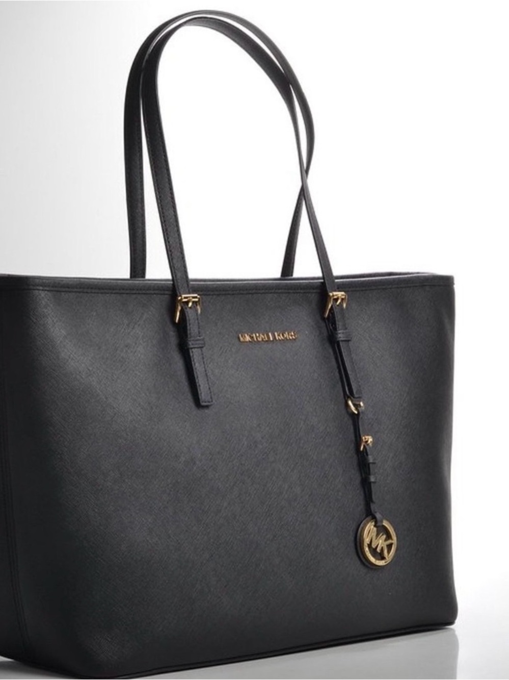 Michael Kors Black Saffiano Leather Tote with Gold Accent Charm